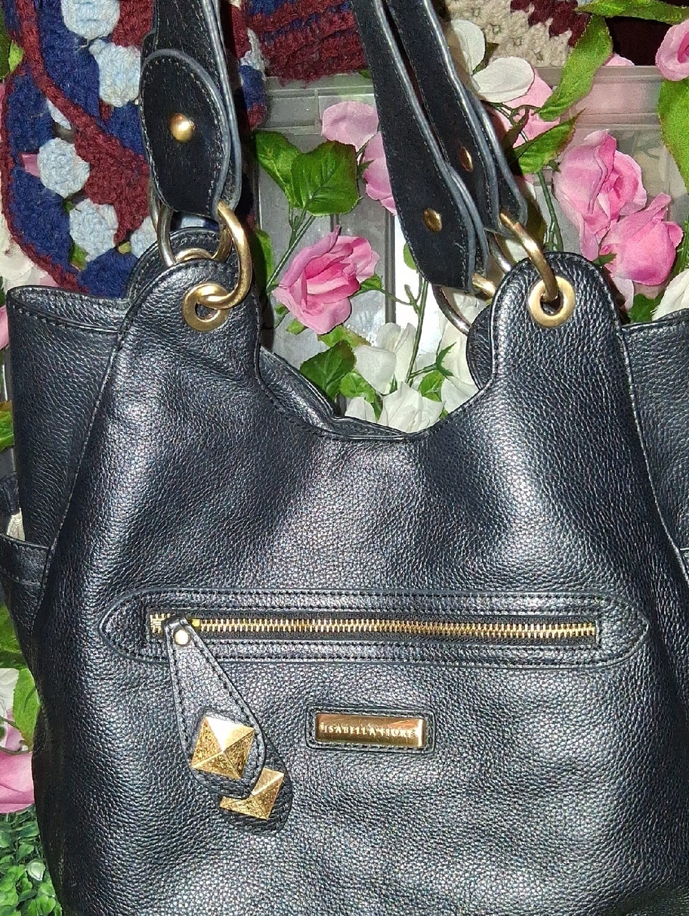 Isabella Fiore Black Leather Shoulder Bag with Gold Hardware